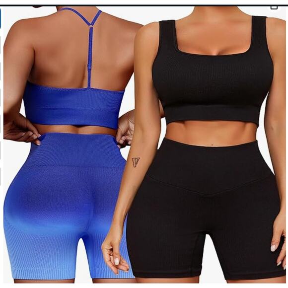 2 Workout Outfits Sets 4 piece Seamless Backless Tank Sport Bra High Waist SMALL - Picture 1 of 5